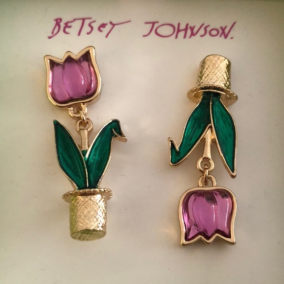 Betsey Johnson Gold Tone Purple Resin Tulip Mismatch Drop Earrings NIB - Picture 5 of 11